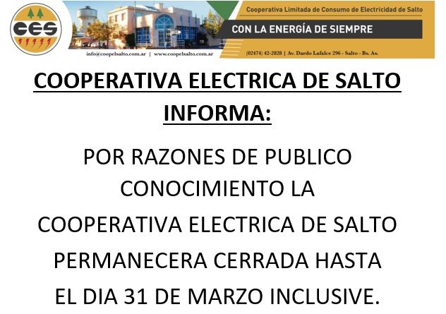 Cooperativa Eléctrica de Salto cerrada hasta el 31/03